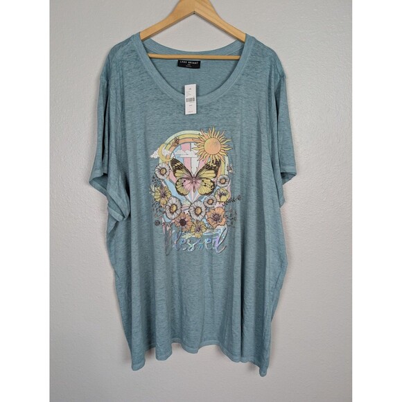 Lane Bryant Shirt Womens 38/40 Teal Graphic Blessed Butterfly Floral Scoop Neck - Picture 2 of 9